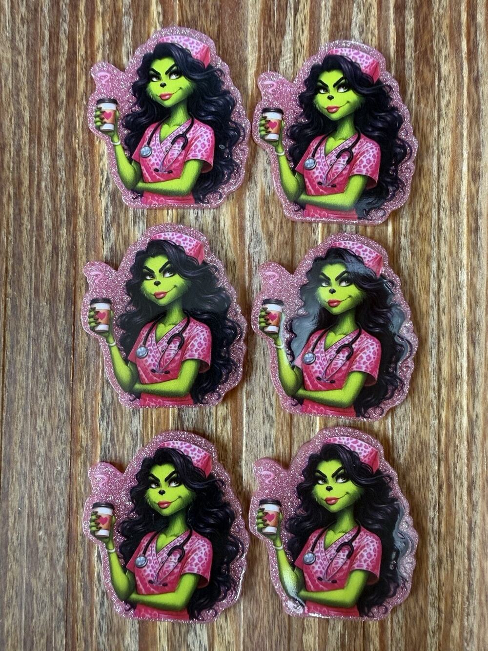 6 Pc Nurse Grinch Acrylic Flatbacks